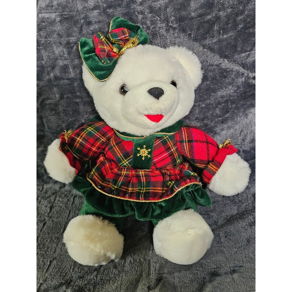 1999 Trading Company Christmas Teddy with Snowflake Plaid Outfit 12" Plush‎